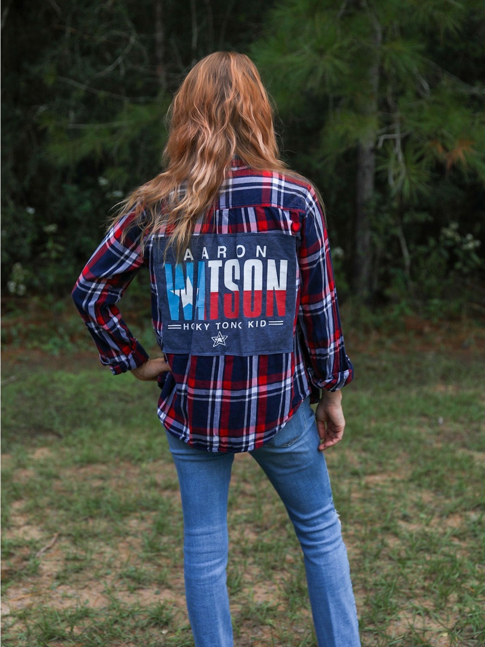 Upcycled Aaron Watson Graphic Plaid Button-Up — Red Navy White